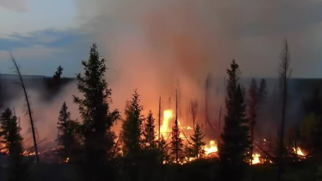 Aerial drone shot with a tilt-down motion, capturing a dramatic view of an Alaskan forest fire at night. Dense clusters of trees are engulfed in bright, raging flames, casting an eerie orange