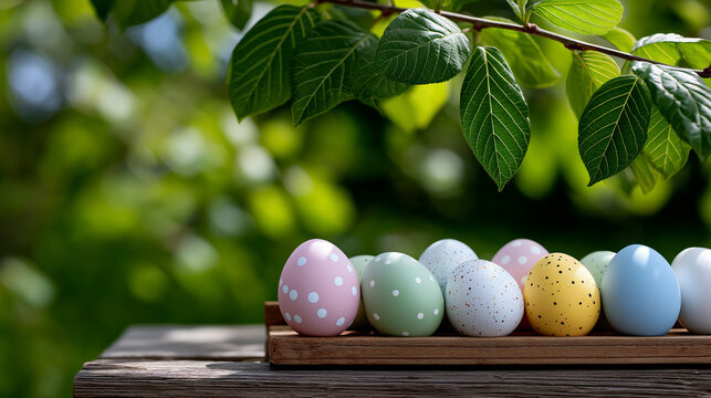 Colorful painted Easter eggs on green grass under bright spring sunlight with blue sky and tree leaves, rustic wooden bench in foreground, perfect for seasonal branding or holiday promotions, Easter