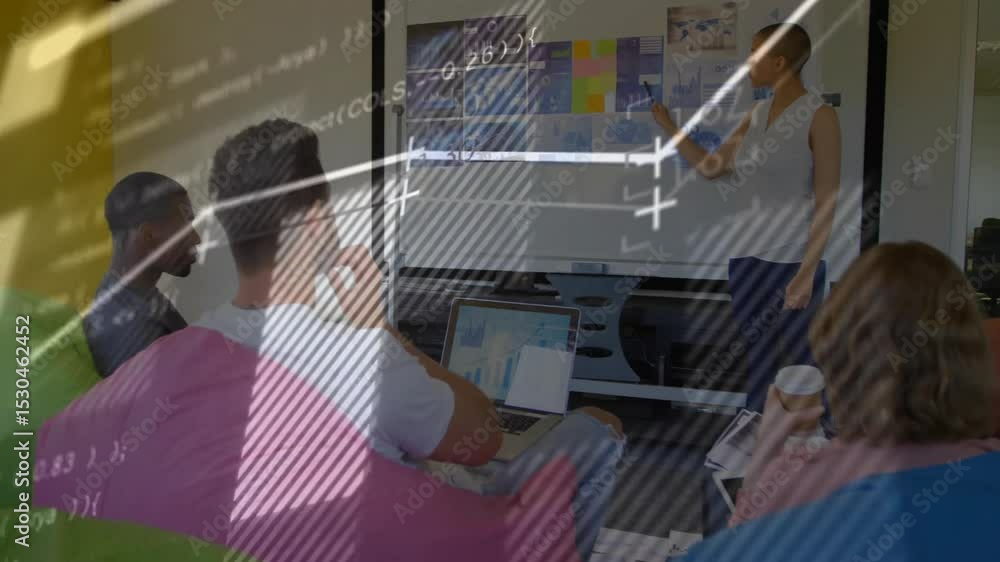 Poster presenter pointing digital display and starting animated data overlays for business trend highlight