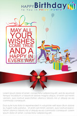 Celebrate Happy Birthday in Pride Month Moment with this vibrant vector template background, featuring a colorful LGBT rainbow design and joyful figures. Party for Pride Month campaigns.