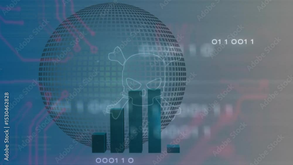 Aufkleber on start grid sphere floating, skull emerging, bars rising, binary code scrolling, circuits framing