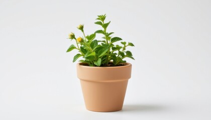 Fototapeta premium a mini eco flower pot made from upcycled silicone muffin molds, soft touch matte finish, filled with sprigs of chamomile and peppermint, isolated on pure white, clean flat light, shadowless