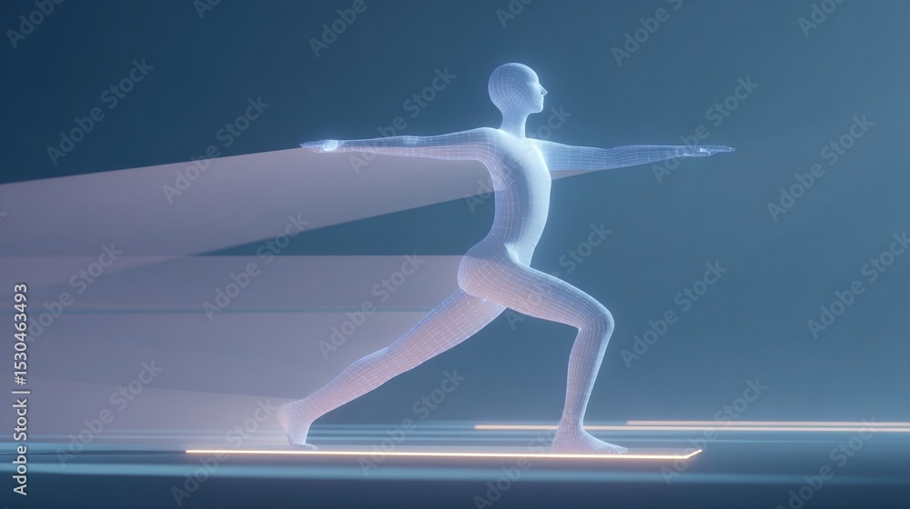 Poster a serene environment where a figure practices yoga under the watchful guidance of agi skeletal track