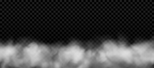 White smoke bottom border. Realistic fog with transparent effect. Thick clouds, vector background texture