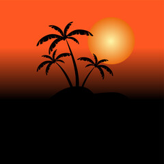 palm tree silhouette on sunset. Vibrant Orange Sunset over Tropical Island with Palm Trees and Water Reflection. palm trees on sunset