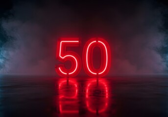 Neon Fifty: Red Glowing Number 50 in a Dark Atmosphere