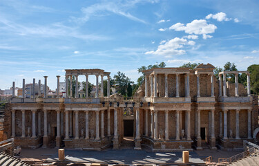 Classical Architecture: columns and stage of the Roman theater in Merida under a blue sky