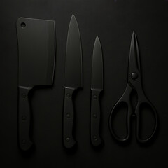 Sleek Black Kitchen Knives and Scissors Set A Modern Culinary Tool Collection