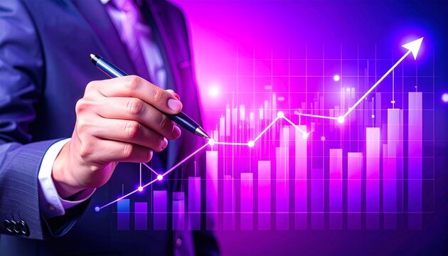 a 3D hand-held pointer pen pointing to a glowing investment diagram, surrounded by virtual financial data and a metaverse trading interface. a very clear and sharp image.