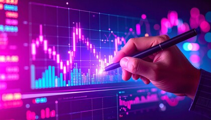 a 3D hand holding a pointer pen pointing at a glowing investment diagram, surrounded by virtual financial data and a metaverse trading interface. a very clear and sharp image.