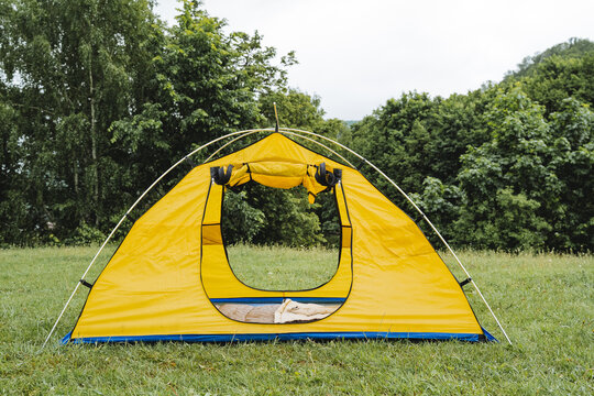yellow frame tent stands in a clearing against background