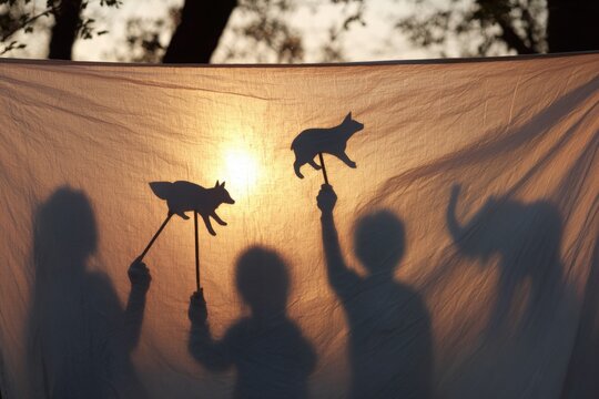 Children&rsquo;s shadow puppets on fabric screen at sunset