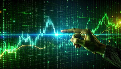 a 3D hand pointing to a glowing investment diagram, surrounded by virtual financial data and a metaverse trading interface. a very clear and sharp image.