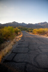 Desert Road Winding Toward Mountains at Dusk