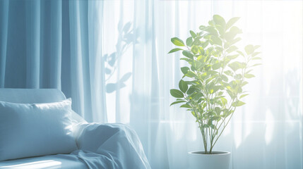 Serene cozy living room with soft-lit couch and potted plant symbolizing family support and mental health healing, warm lighting and organic elements for relaxation and emotional wellness