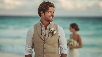 Groom in vest smiles on beach with bride in background during destination wedding ceremony near ocean