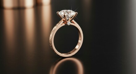 Sparkling solitaire diamond ring in rose gold, showcasing intricate detailing on the band and a brilliant-cut gemstone