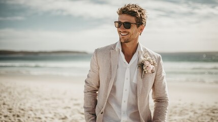 A smiling man in a suit and sunglasses standing on a beach with ocean in the background scenery view
