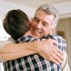Happy father and son embracing in warm hug