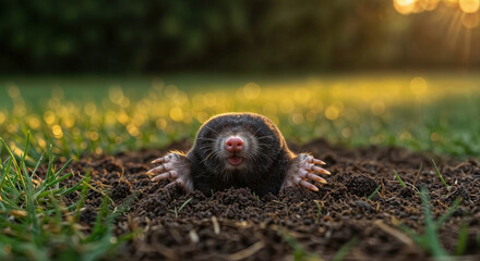 Cute European mole, Talpa europaea, digging out of ground