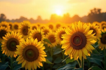 Obraz premium Golden hour sunlight bathes a field of ripe sunflowers, their heavy heads bowing under the weight of summer A hazy sky adds a dreamy, warm feel to this idyllic scene , field, botanical