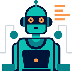 A humanoid robot working on a computer with abstract 