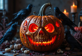 Gothic Halloween Pumpkin with Skull Carvings, Blood-Red Candlelight, and Ravens