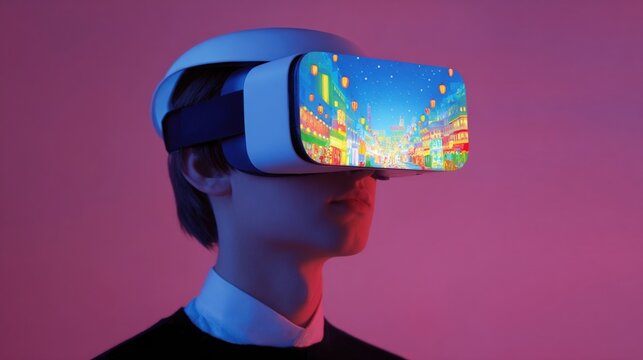 An interactive virtual reality headset displaying an array of immersive landscapes where users can explore a bustling market with the aroma of es the sounds of musicians and the vivid