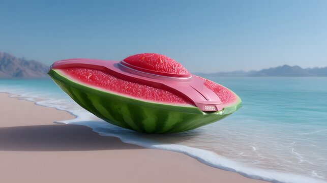 A vibrant, watermelon-shaped spacecraft rests on a tropical beach, blending the organic with the futuristic in a surreal, imaginative scene.