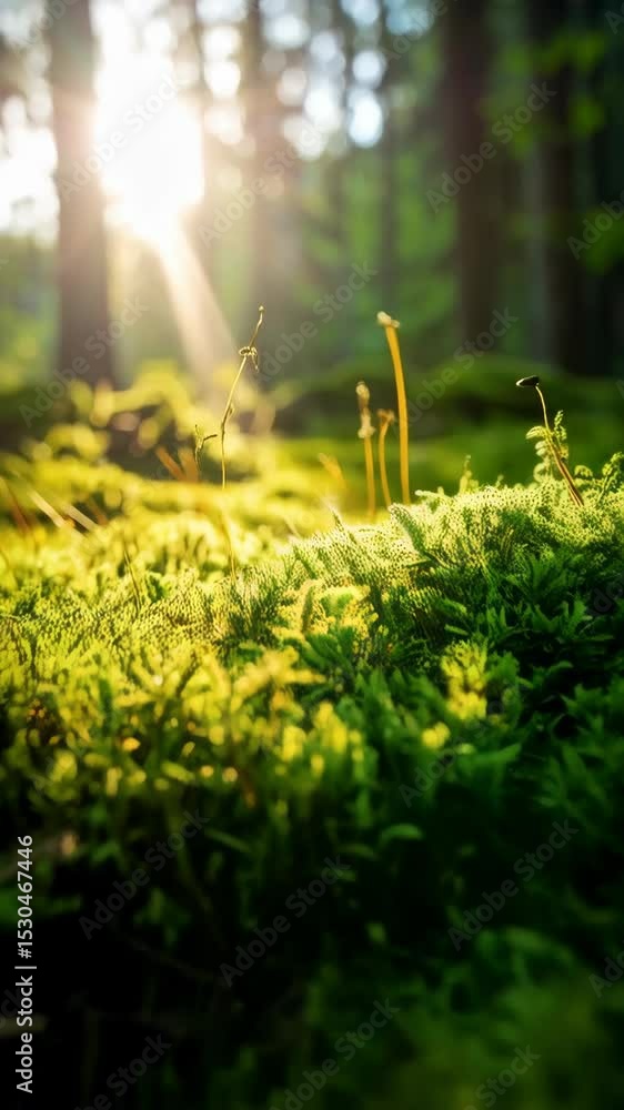 Poster sunlight shining through trees illuminating vibrant green moss and sprouts in a tranquil forest envi