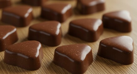 Close-up of heart-shaped chocolates scattered on wooden surface, showcasing delectable treats