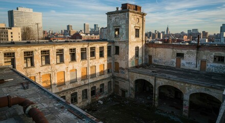 Fototapeta premium Overgrown courtyard of decaying industrial building, overlooking cityscape