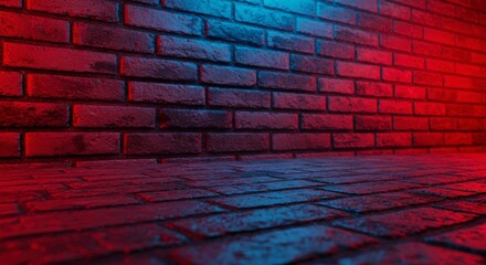 Red and blue neon lights illuminate a brick wall and cobblestone floor, creating a dramatic, atmospheric scene