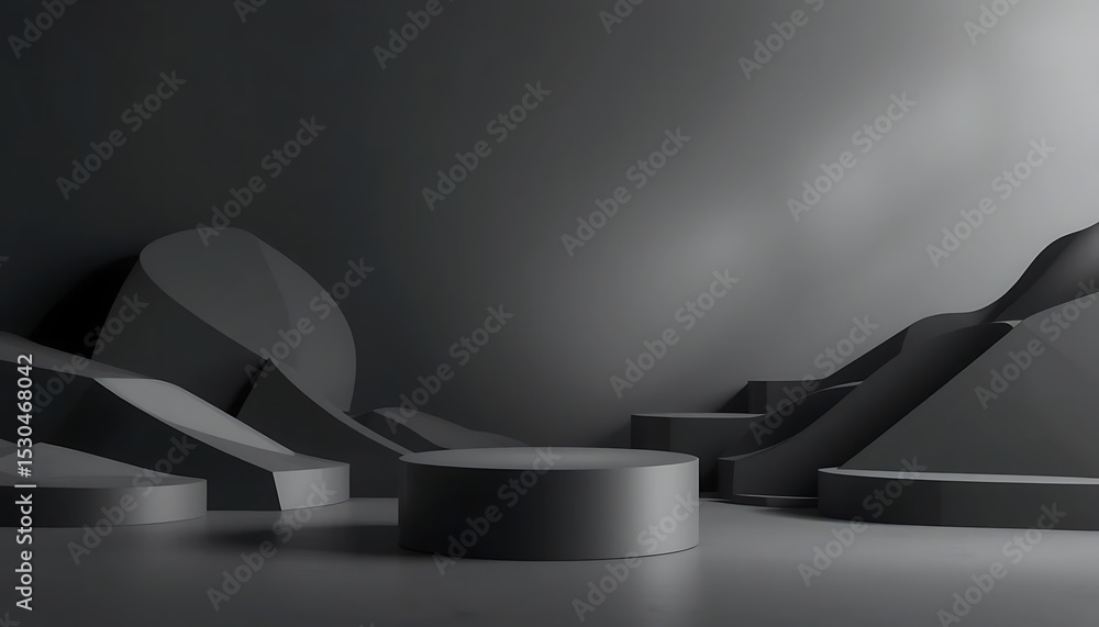 Poster abstract dark grey geometric forms and cylindrical display platform