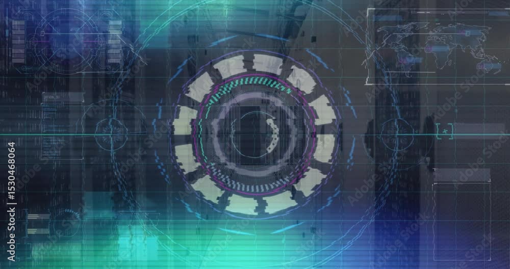 Poster grid overlay showing server room as hud ring lighting, glitching then restoring for data monitoring