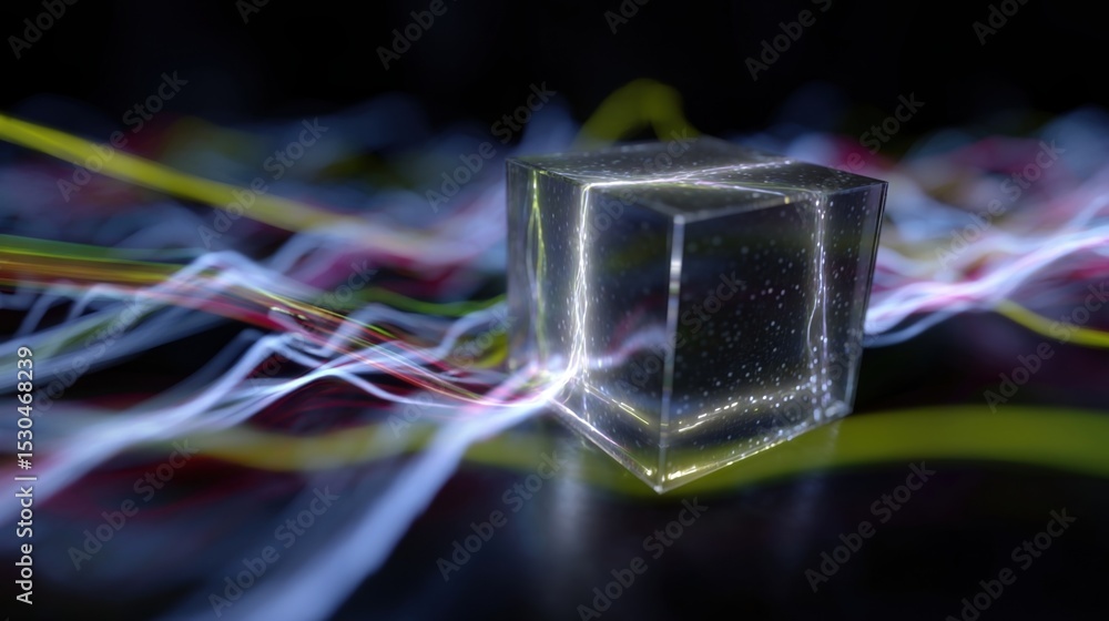 Poster a sleek transparent cube at the center radiates colorful streams of energy each trail representing t