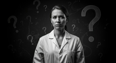 A woman in a lab coat looks concerned, surrounded by question marks, symbolizing uncertainty and questions