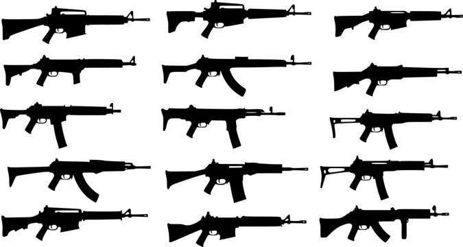 A collection of silhouetted firearms arranged in rows