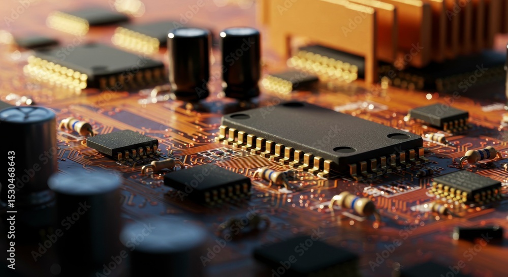 Poster close-up of intricate circuit board showcasing various electronic components, including microchips, 