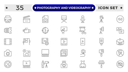 Photography and Videography outline Icon set. Camera, Lens, Studio, Film Equipment, Digital Camera, Tripod, Editing Tools,DSLR, Film Reel, Media Tools, Lights, Action, Capture, Focus, Vector Set.