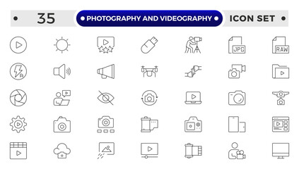 Photography and Videography outline Icon set. Camera, Lens, Studio, Film Equipment, Digital Camera, Tripod, Editing Tools,DSLR, Film Reel, Media Tools, Lights, Action, Capture, Focus, Vector Set.