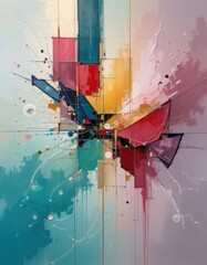 Abstract Cityscape: An artistic view of city landscape composition, in an abstract painting, incorporating geometric shapes, bright colors, and dynamic lines, a blend of modern art.