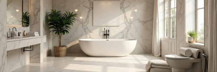 Fototapeta premium Luxurious bathroom with freestanding tub, marble accents, and soft lighting creates a serene and elegant atmosphere perfect for relaxation and self-care , relaxation, clean, luxury