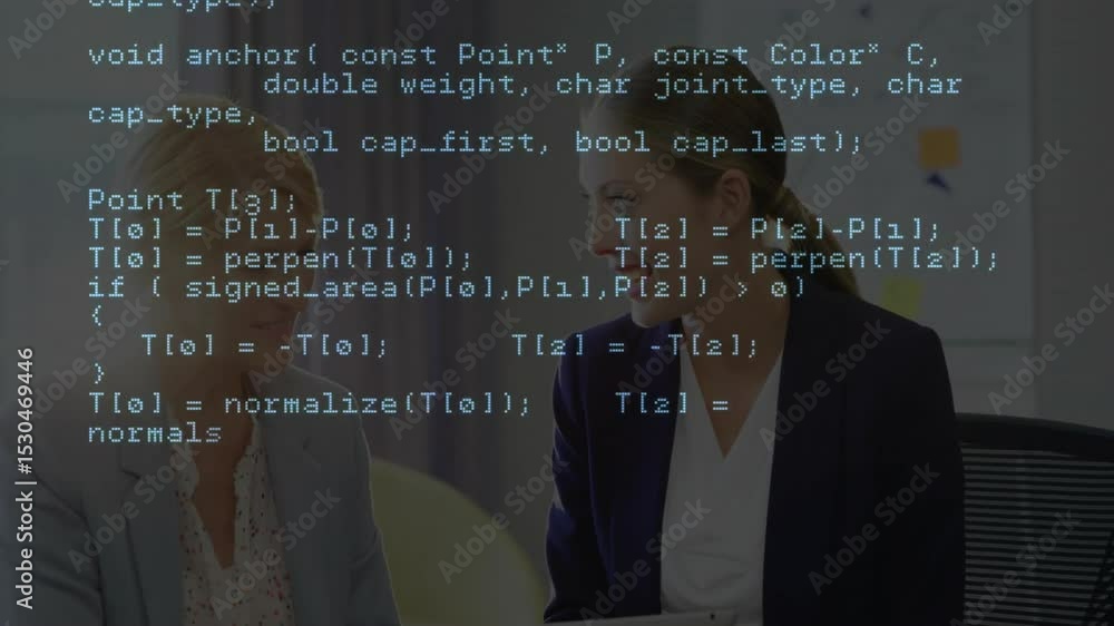 Aufkleber two businesswomen initiating tech review following code overlay appearing while discussing tablet