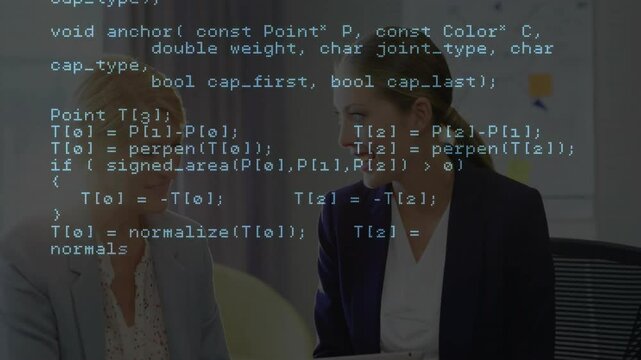 Two businesswomen initiating tech review following code overlay appearing while discussing tablet