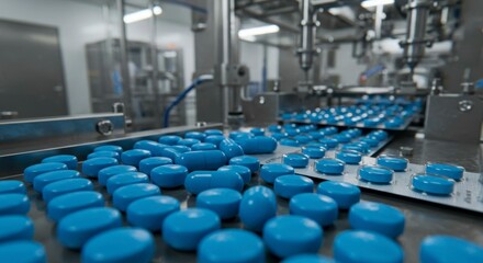 Obraz premium Blue pills on conveyor belt in pharmaceutical factory. Automated process, mass production