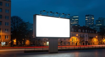 Empty billboard at night, illuminated against a blurred city backdrop with street lights and car trails