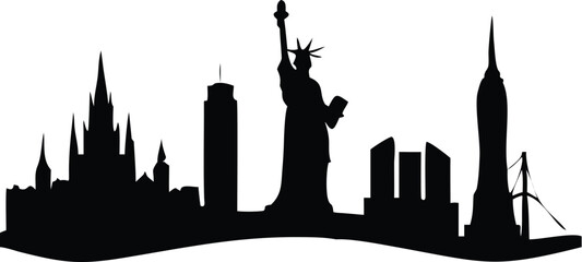 Obraz premium Silhouette of a European city skyline at sunset with landmarks and skyscrapers