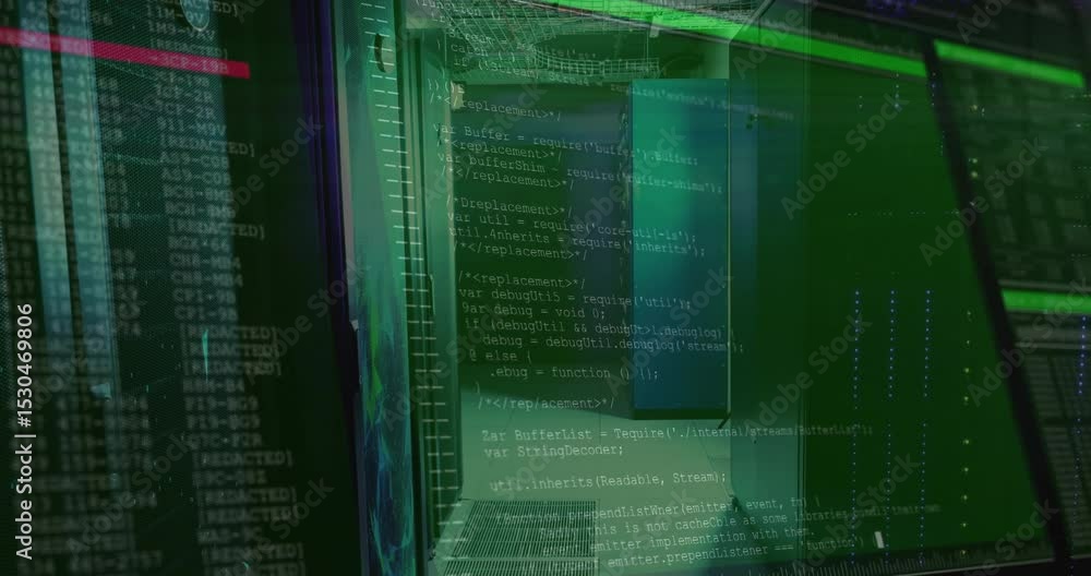 Poster green gridline initiating overlay on server rack corridor, code scrolling representing data flow