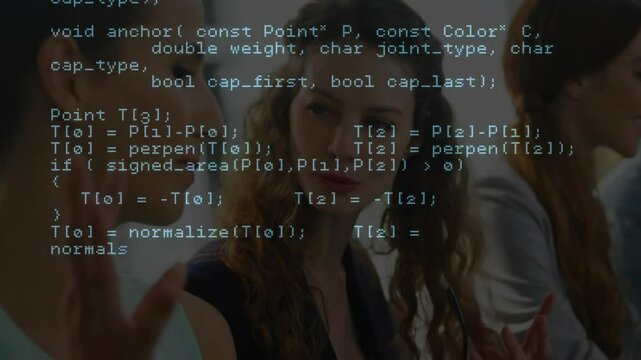 Code overlay appearing over table initiating colleagues gesturing and discussing C++ functions